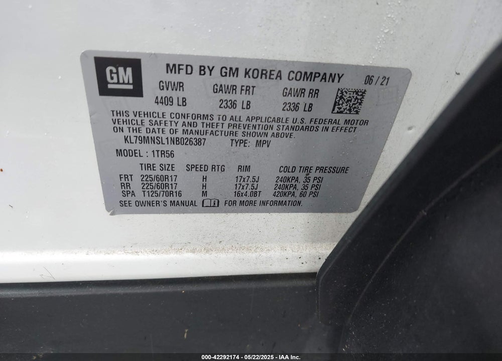 2022 CHEVROLET TRAILBLAZER VIN: KL79MNSL1NB026387