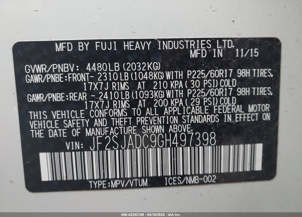 2016 SUBARU FORESTER VIN: JF2SJADC9GH497398