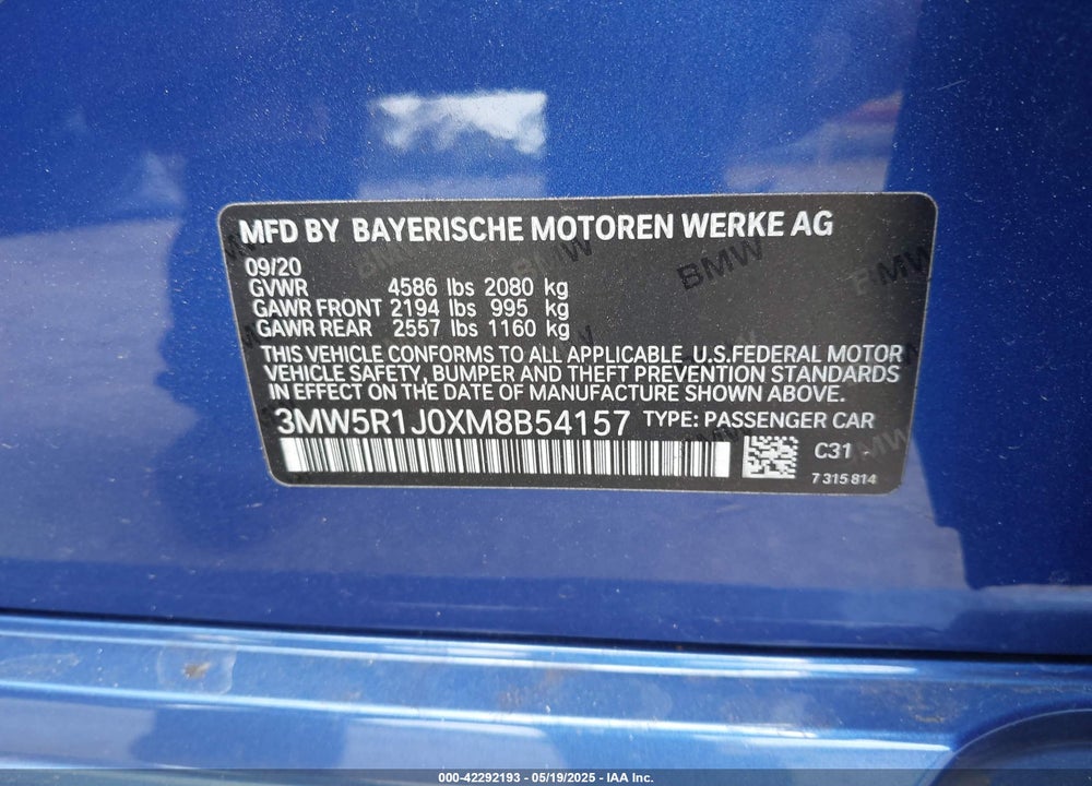 2021 BMW 330I VIN: 3MW5R1J0XM8B54157