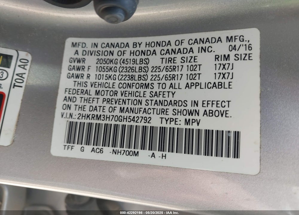 2016 HONDA CR-V VIN: 2HKRM3H70GH542792