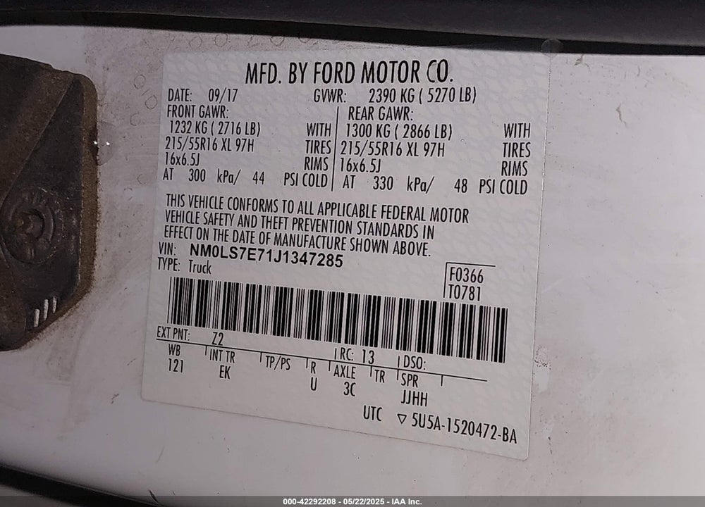 2018 FORD TRANSIT CONNECT XL VIN: NM0LS7E71J1347285