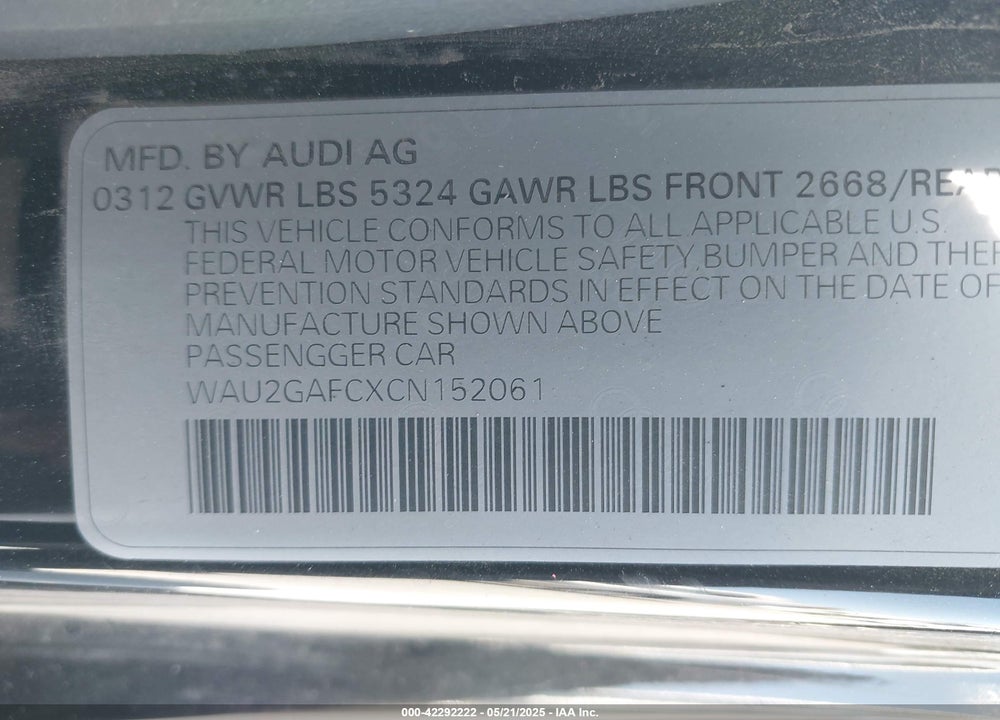 2012 AUDI A7 VIN: WAU2GAFCXCN152061