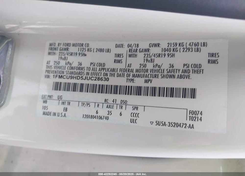 2018 FORD ESCAPE VIN: 1FMCU9HD5JUC28630