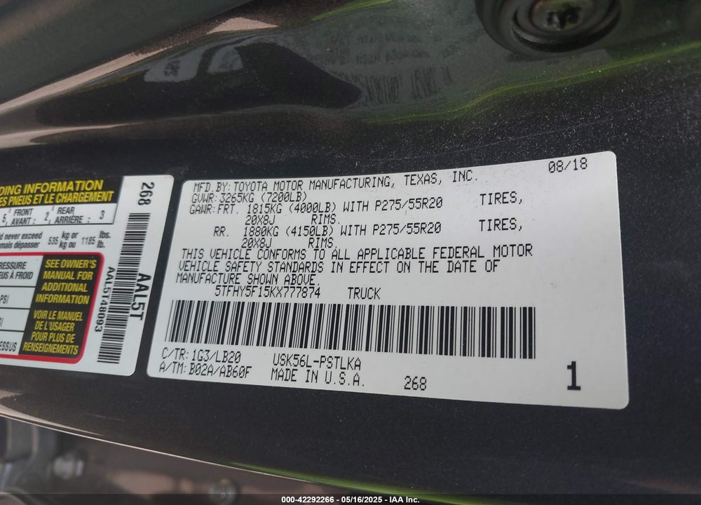 2019 TOYOTA TUNDRA VIN: 5TFHY5F15KX777874