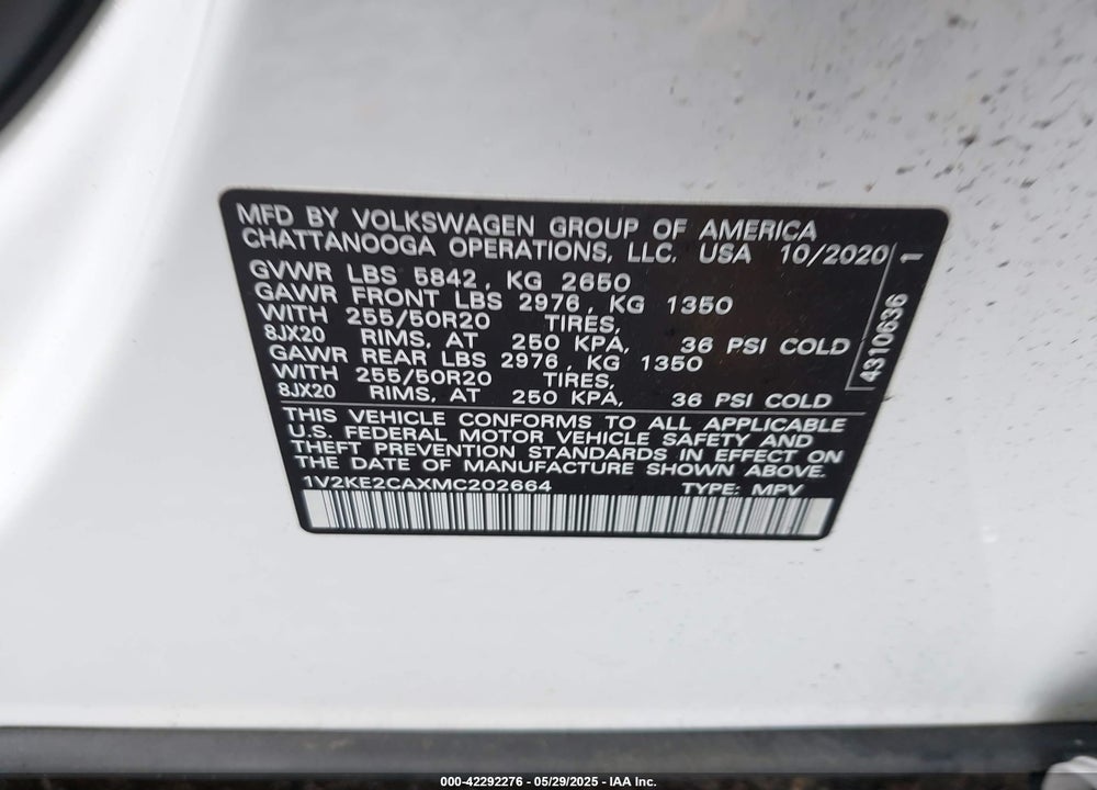 2021 VOLKSWAGEN ATLAS CROSS SPORT 3.6L V6 SE W/TECHNOLOGY VIN: 1V2KE2CAXMC202664