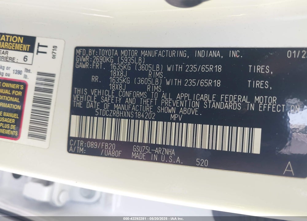 2022 TOYOTA HIGHLANDER VIN: 5TDCZRBHXNS184202