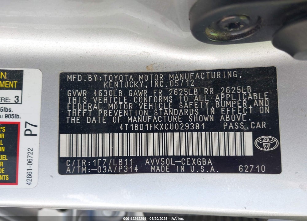 2012 TOYOTA CAMRY HYBRID VIN: 4T1BD1FKXCU029381