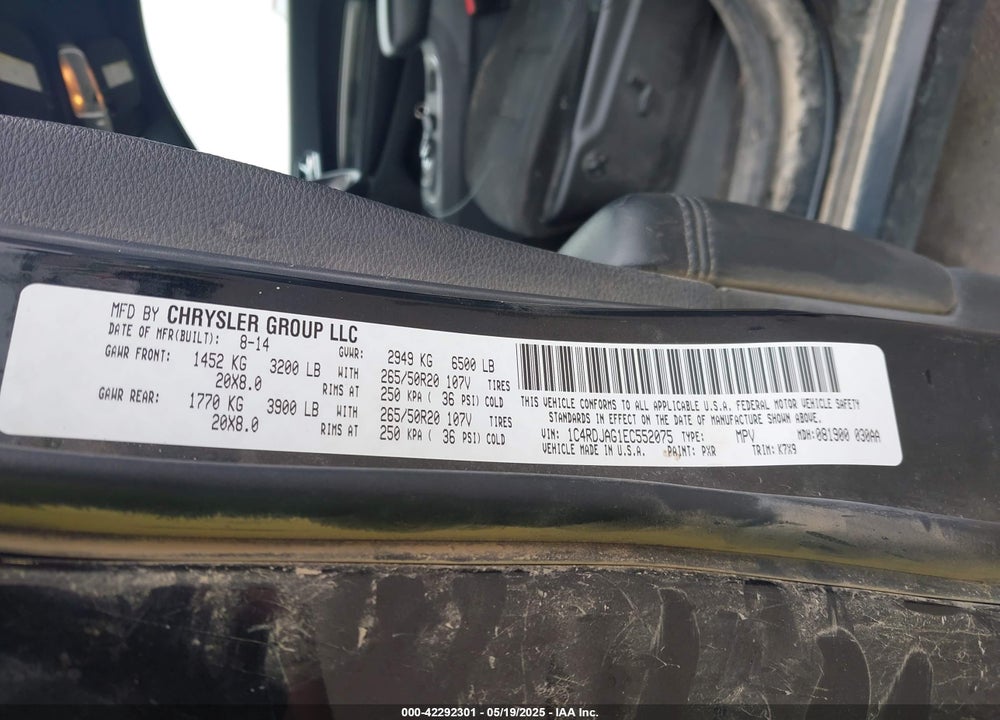 2014 DODGE DURANGO VIN: 1C4RDJAG1EC552075