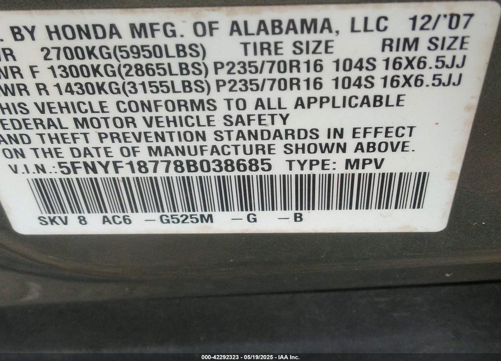 2008 HONDA PILOT EX-L VIN: 5FNYF18778B038685