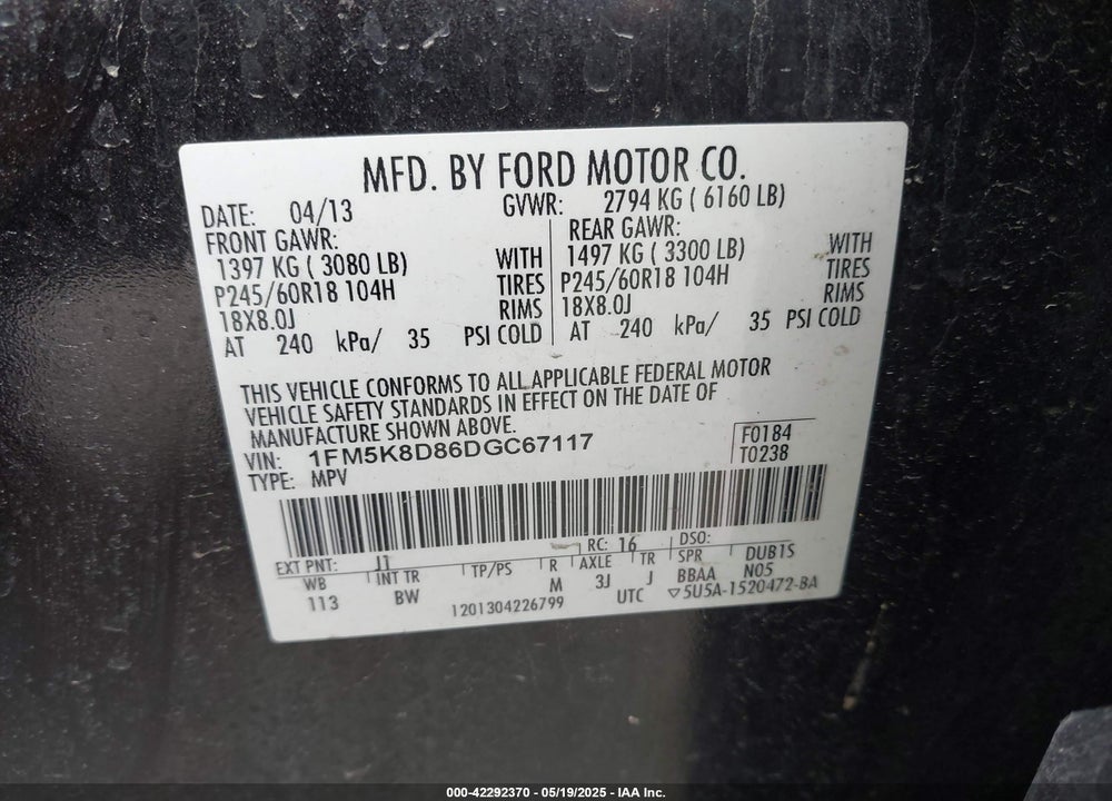 2013 FORD EXPLORER VIN: 1FM5K8D86DGC67117