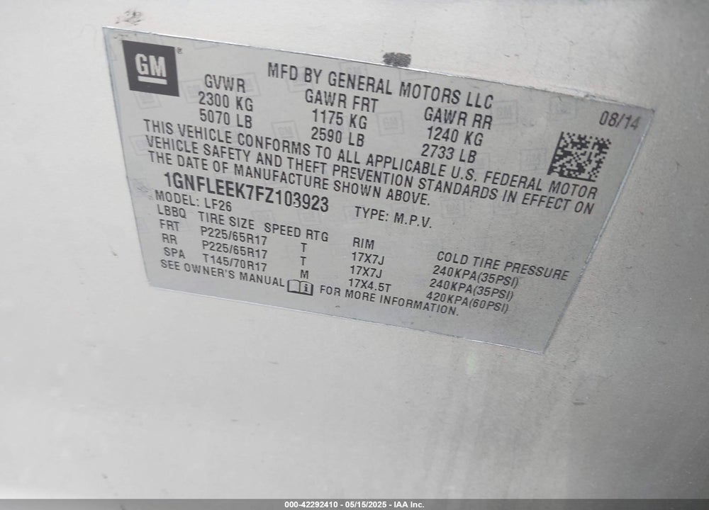 2015 CHEVROLET EQUINOX VIN: 1GNFLEEK7FZ103923