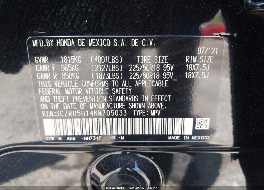 2022 HONDA HR-V VIN: 3CZRU5H14NM705033