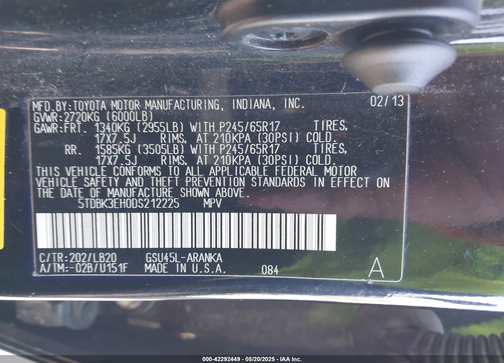 2013 TOYOTA HIGHLANDER VIN: 5TDBK3EH0DS212225