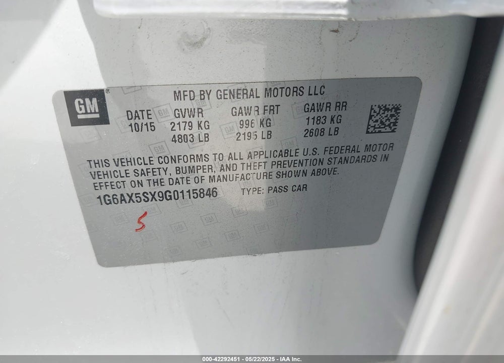 2016 CADILLAC CTS VIN: 1G6AX5SX9G0115846
