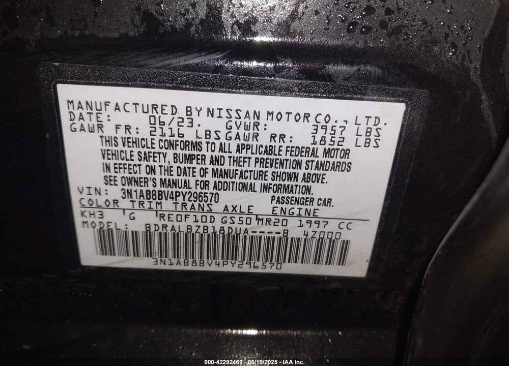 2023 NISSAN SENTRA S XTRONIC CVT VIN: 3N1AB8BV4PY296570