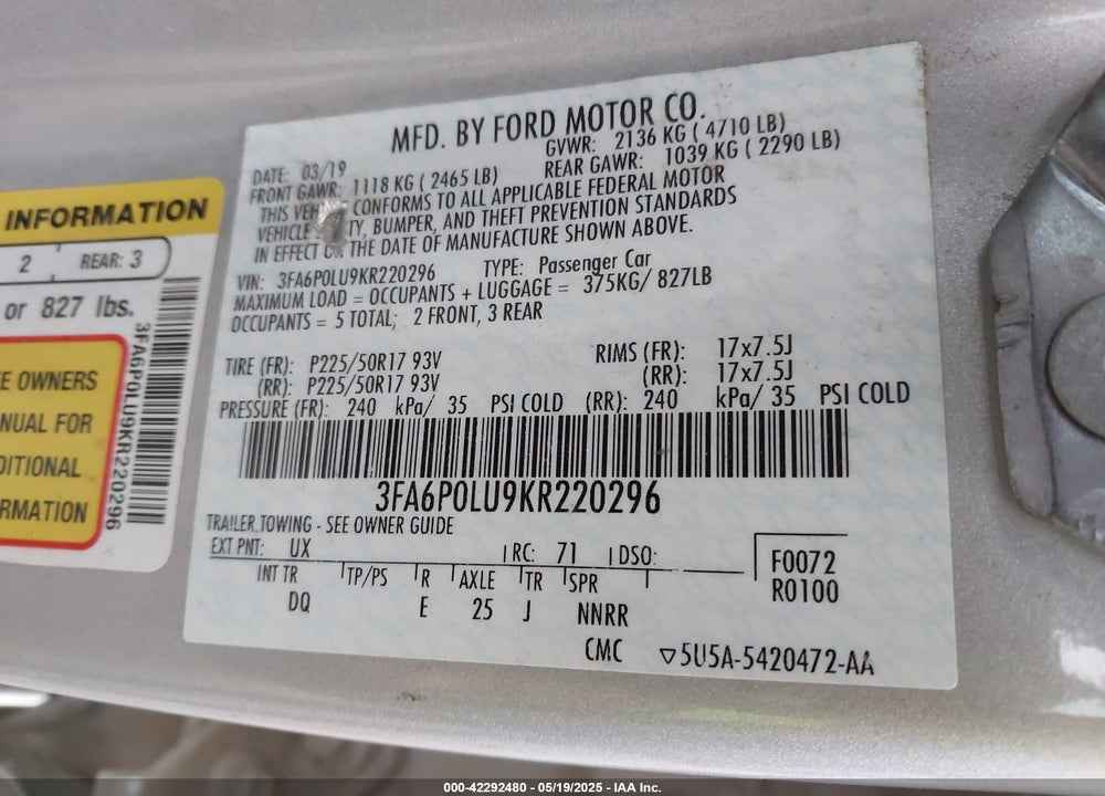 2019 FORD FUSION HYBRID VIN: 3FA6P0LU9KR220296
