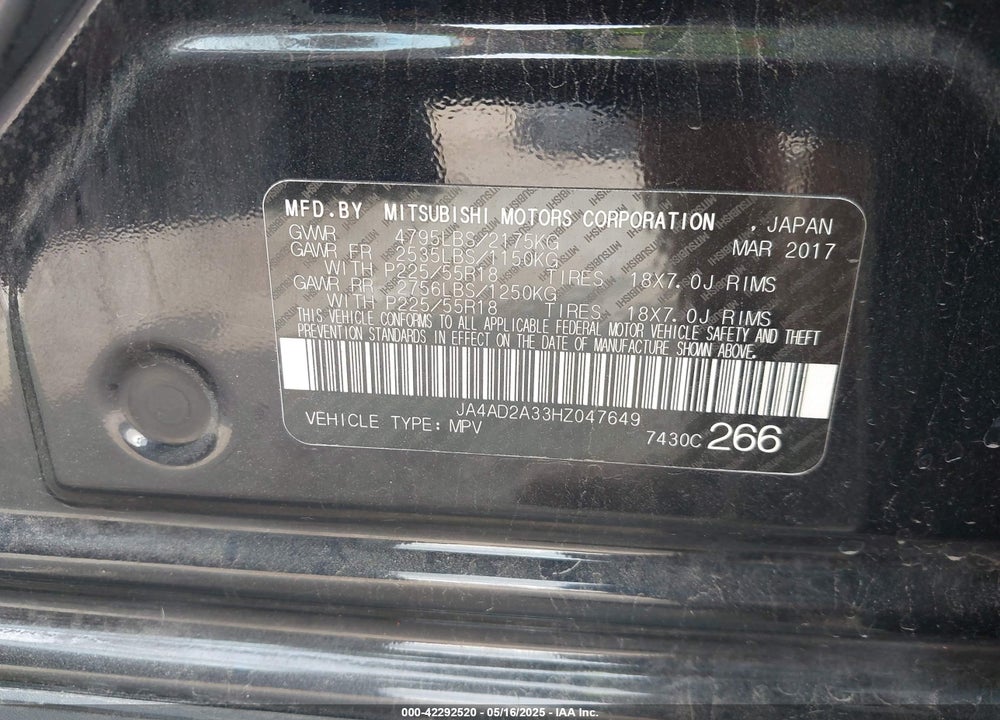 2017 MITSUBISHI OUTLANDER VIN: JA4AD2A33HZ047649