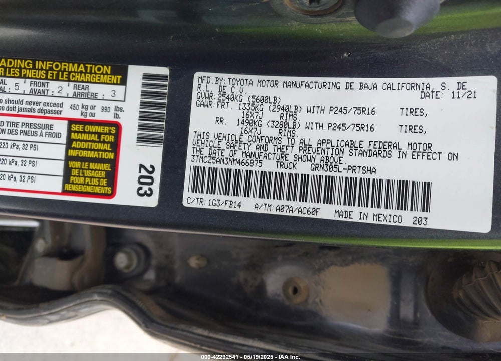 2022 TOYOTA TACOMA SR V6 VIN: 3TMCZ5AN3NM466875