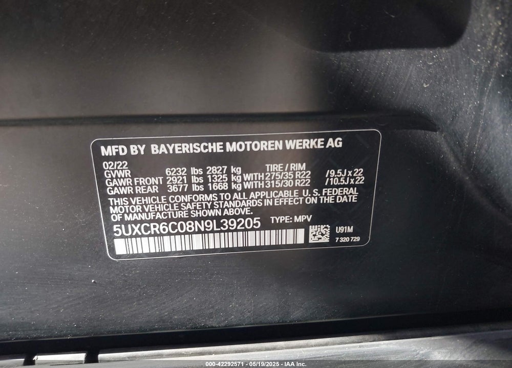 2022 BMW X5 VIN: 5UXCR6C08N9L39205