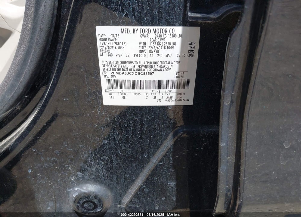 2013 FORD EDGE VIN: 2FMDK3JCXDBC88597