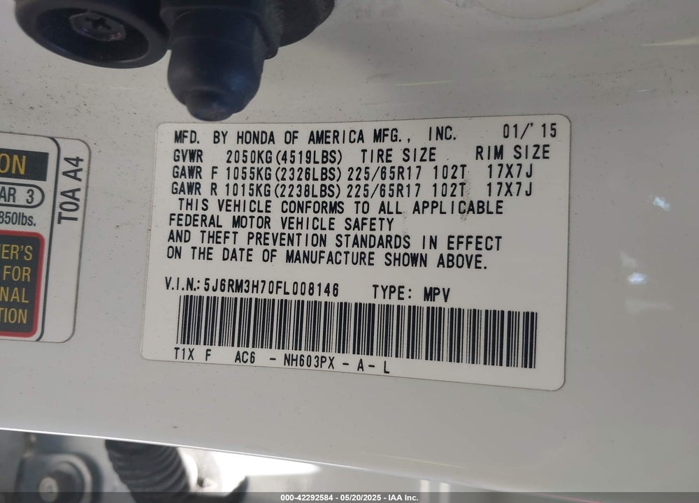 2015 HONDA CR-V EX-L VIN: 5J6RM3H70FL008146