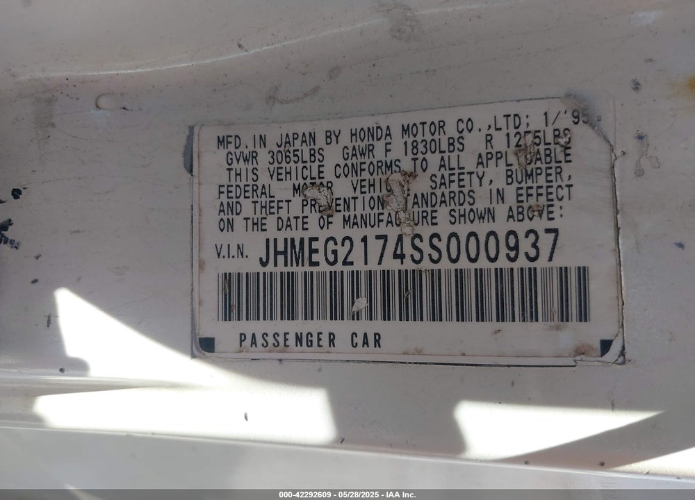 1995 HONDA CIVIC DEL SOL VIN: JHMEG2174SS000937