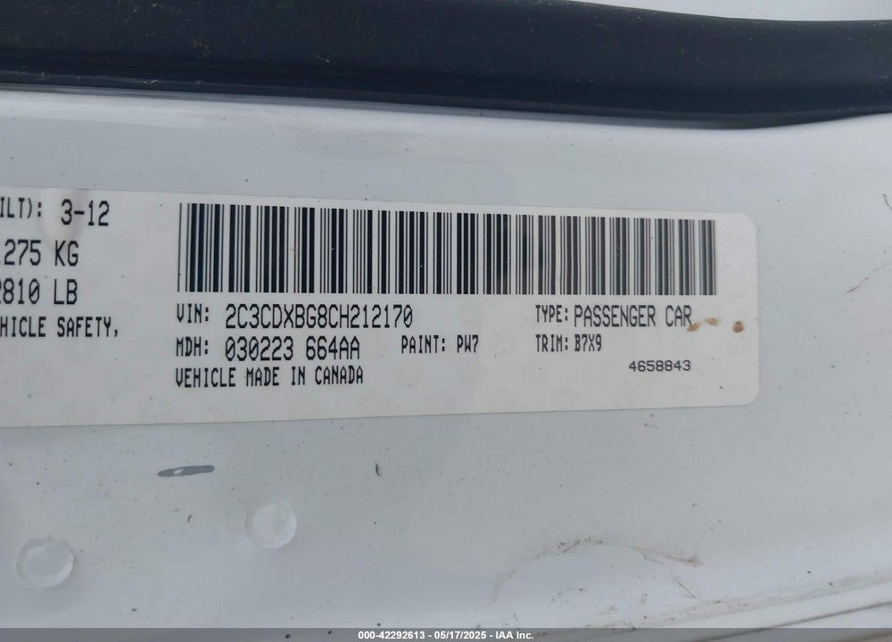 2012 DODGE CHARGER VIN: 2C3CDXBG8CH212170