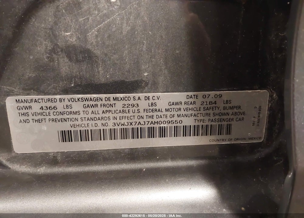 2010 VOLKSWAGEN JETTA VIN: 3VWJX7AJ7AM009550