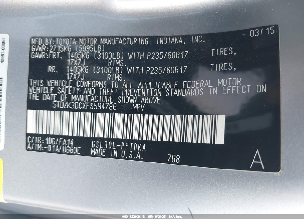 2015 TOYOTA SIENNA VIN: 5TDZK3DCXFS594786