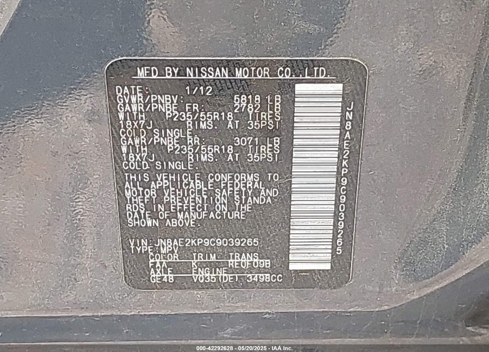 2012 NISSAN QUEST SL VIN: JN8AE2KP9C9039265