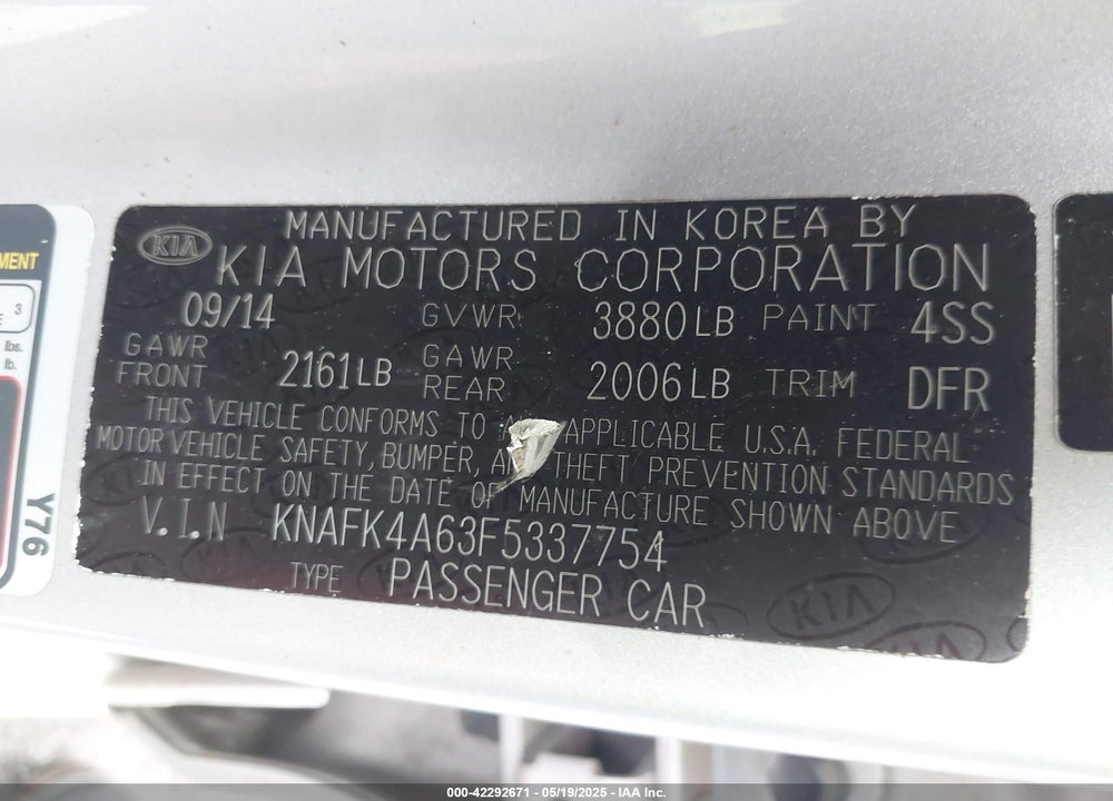2015 KIA FORTE VIN: KNAFK4A63F5337754