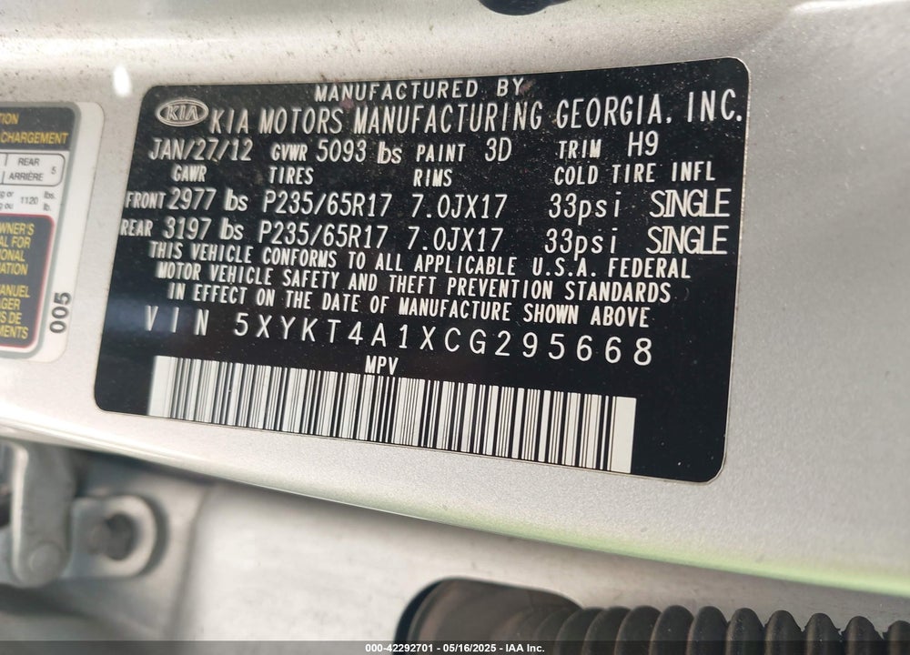 2012 KIA SORENTO VIN: 5XYKT4A1XCG295668