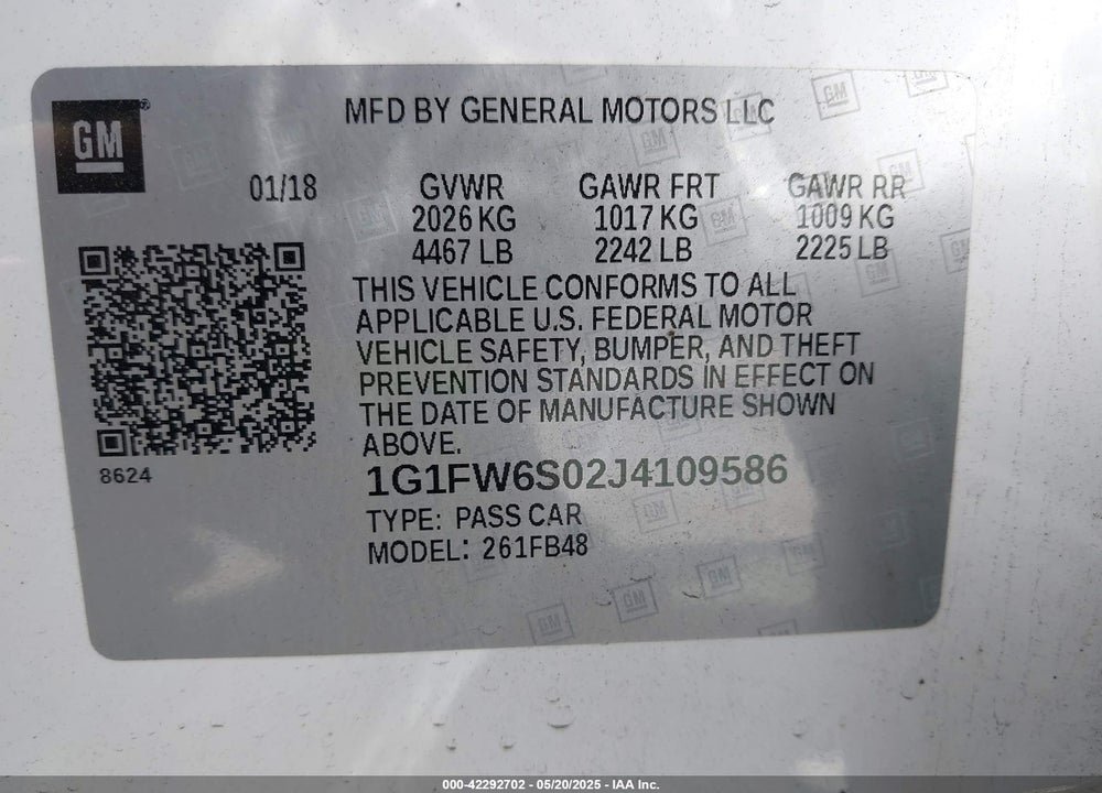 2018 CHEVROLET BOLT EV VIN: 1G1FW6S02J4109586