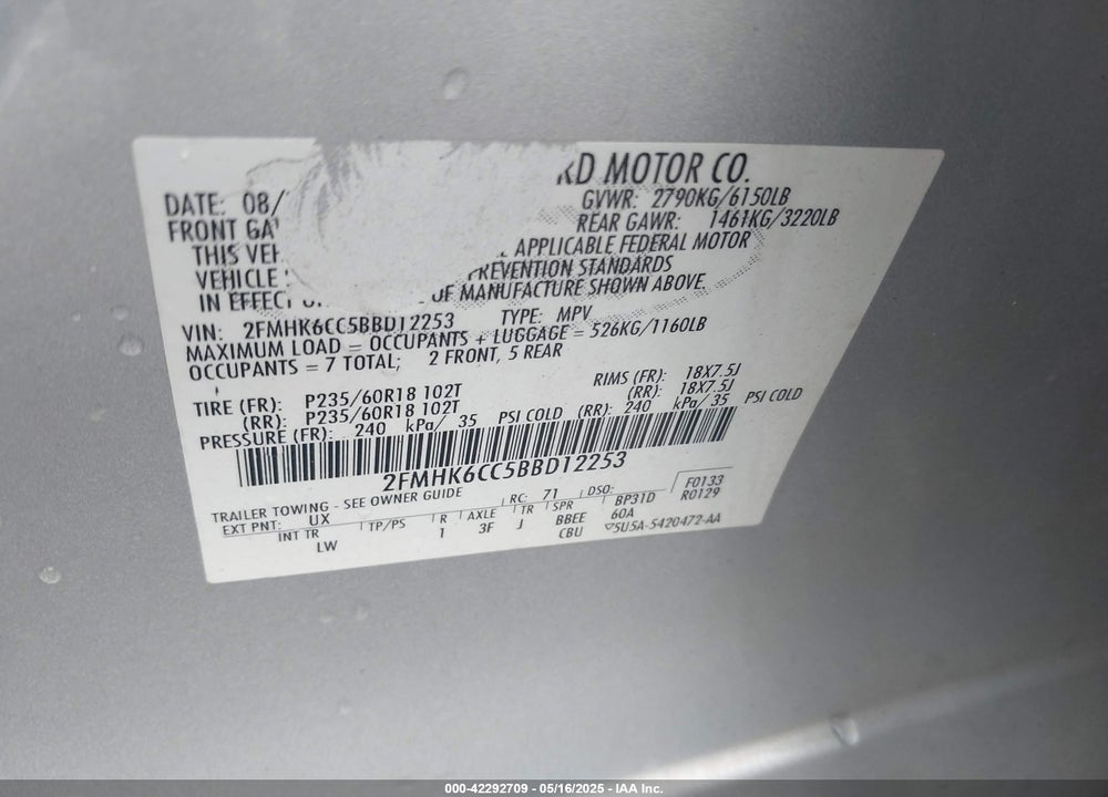 2011 FORD FLEX VIN: 2FMHK6CC5BBD12253