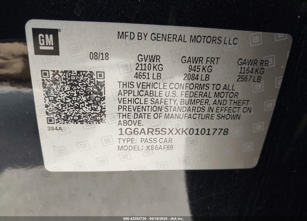 2019 CADILLAC CTS VIN: 1G6AR5SXXK0101778