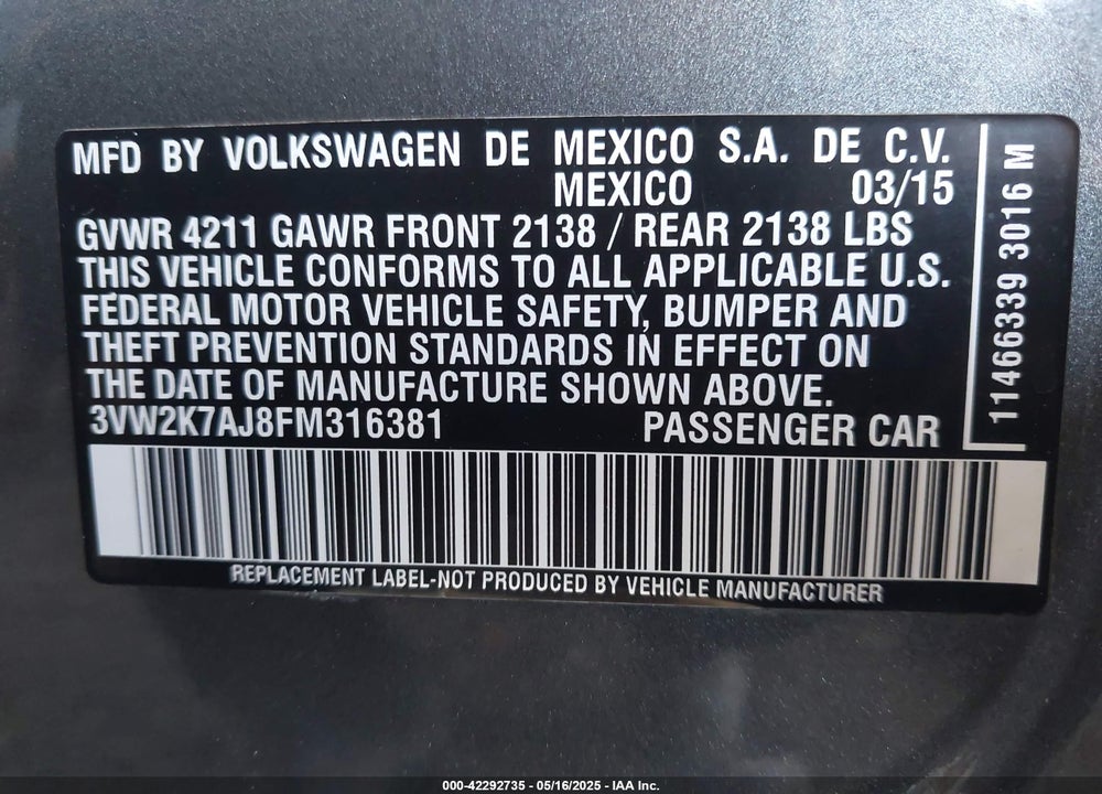 2015 VOLKSWAGEN JETTA VIN: 3VW2K7AJ8FM316381