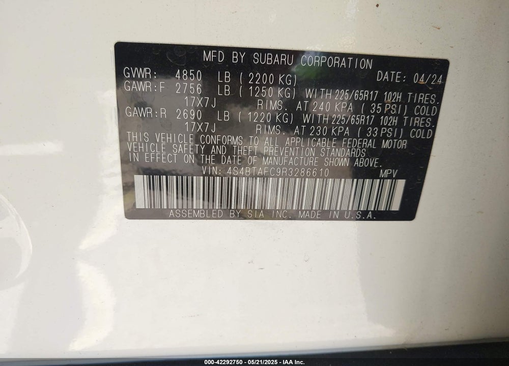2024 SUBARU OUTBACK PREMIUM VIN: 4S4BTAFC9R3286610
