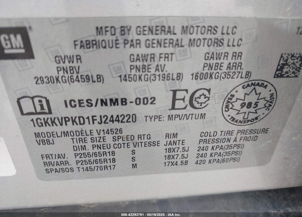 2015 GMC ACADIA SLE-2 VIN: 1GKKVPKD1FJ244220