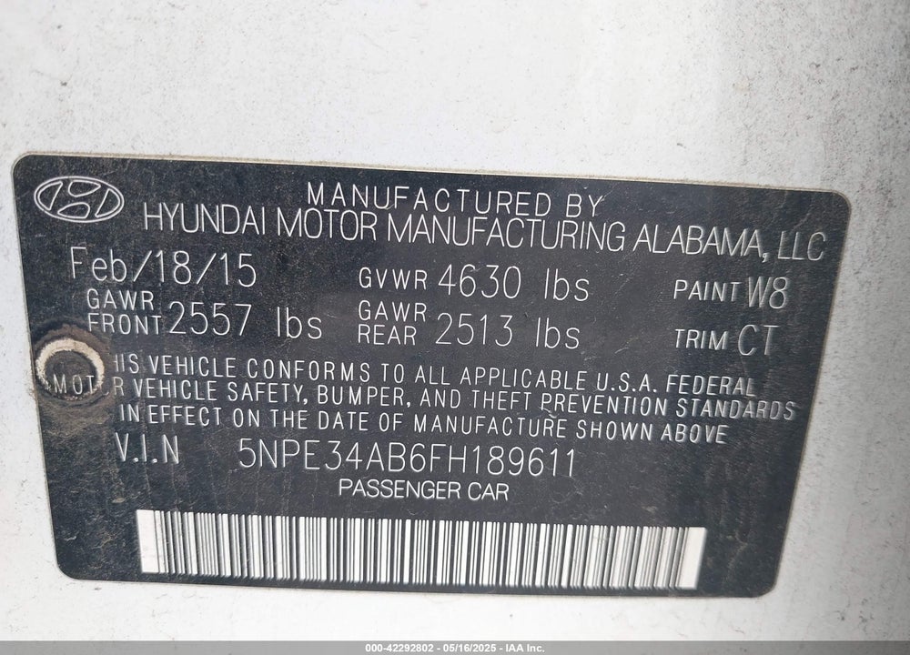 2015 HYUNDAI SONATA VIN: 5NPE34AB6FH189611