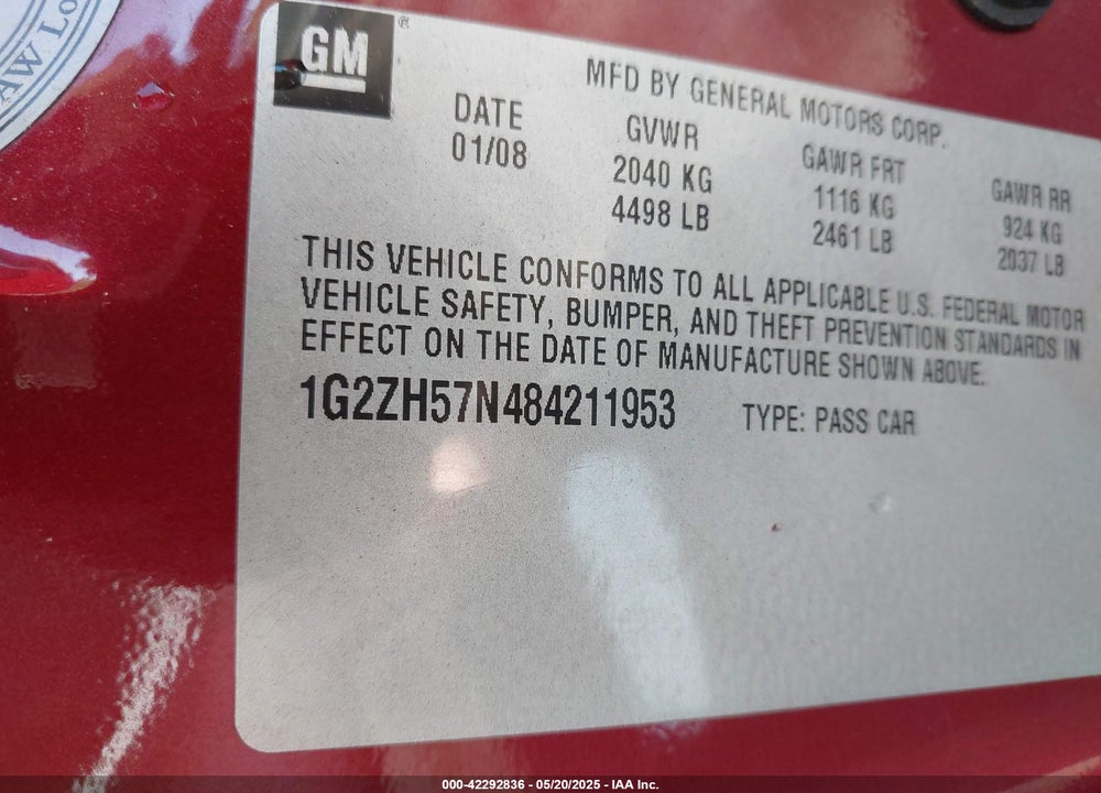 2008 PONTIAC G6 VIN: 1G2ZH57N484211953