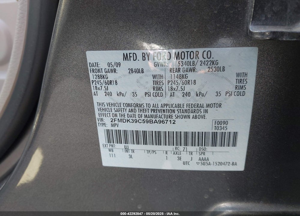2009 FORD EDGE LIMITED VIN: 2FMDK39C59BA96712