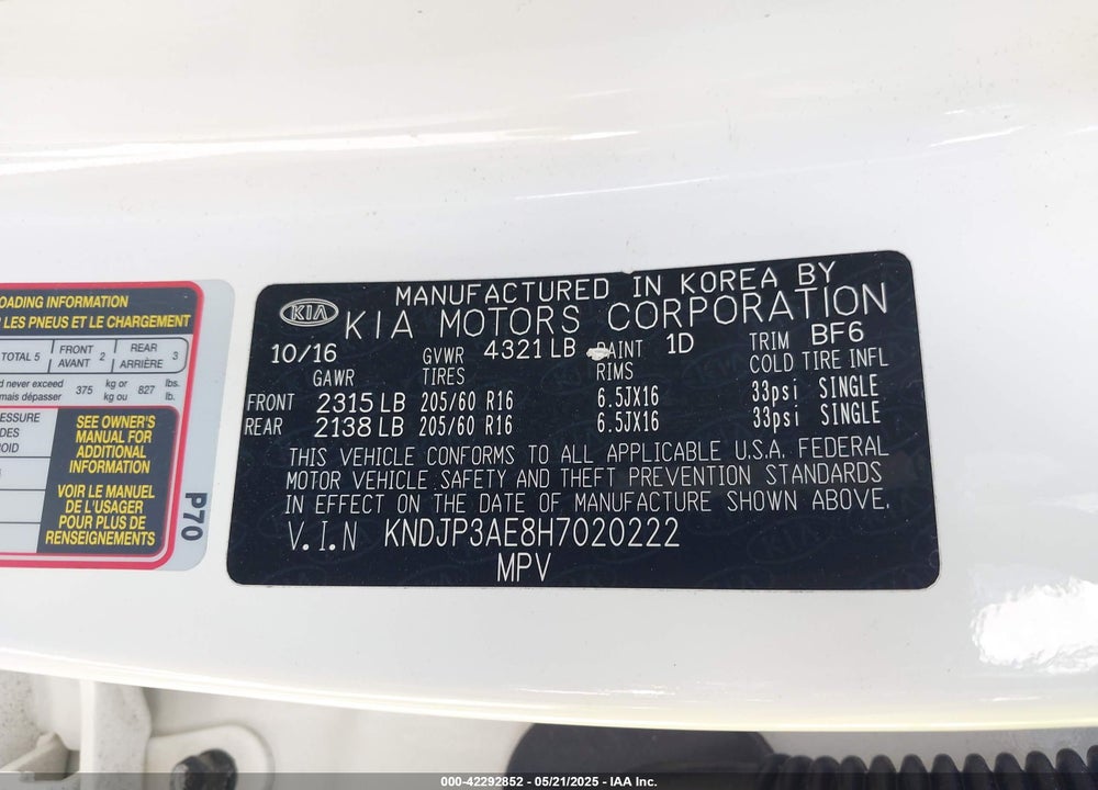 2017 KIA SOUL EV VIN: KNDJP3AE8H7020222
