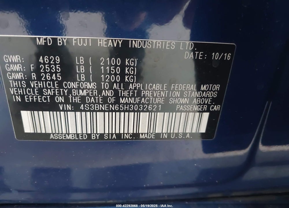 2017 SUBARU LEGACY 3.6R LIMITED VIN: 4S3BNEN65H3032621