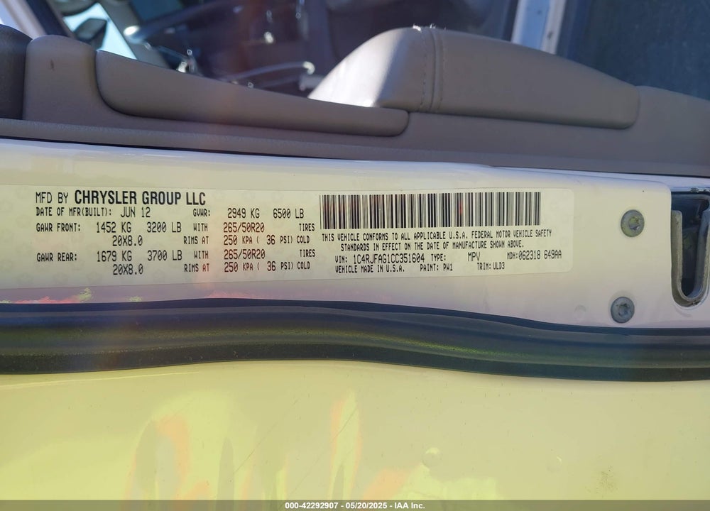 2012 JEEP GRAND CHEROKEE VIN: 1C4RJFAG1CC351604