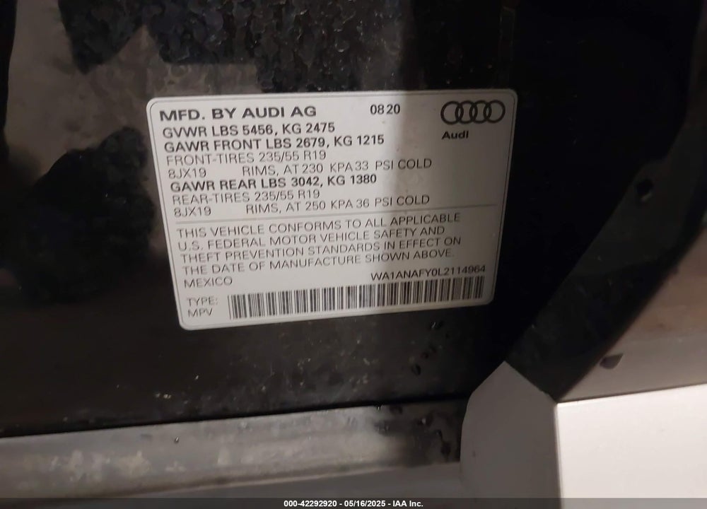 2020 AUDI Q5 VIN: WA1ANAFY0L2114964