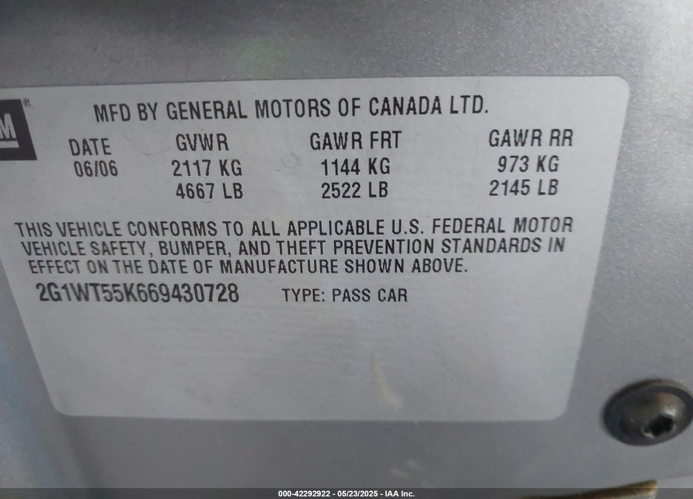 2006 CHEVROLET IMPALA LT VIN: 2G1WT55K669430728