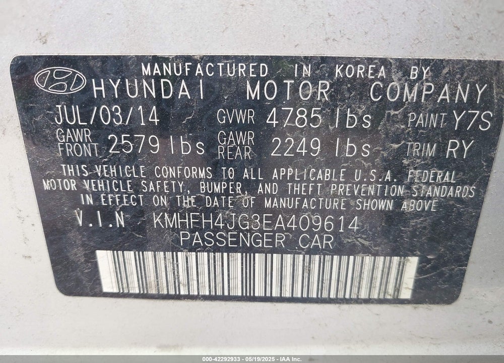 2014 HYUNDAI AZERA VIN: KMHFH4JG3EA409614