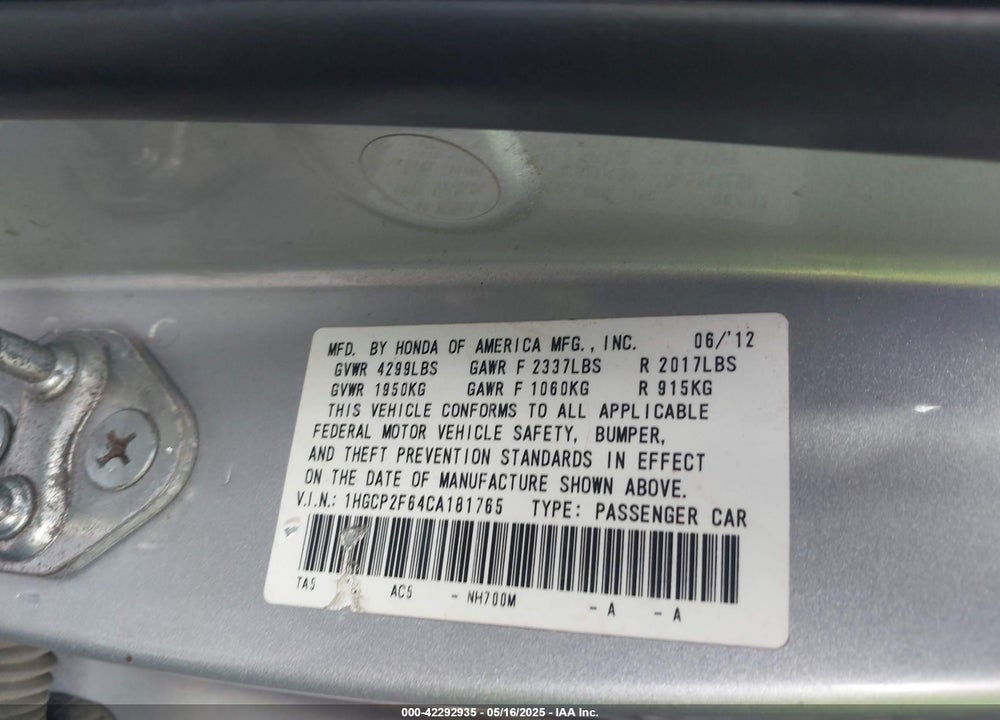 2012 HONDA ACCORD 2.4 SE VIN: 1HGCP2F64CA181765