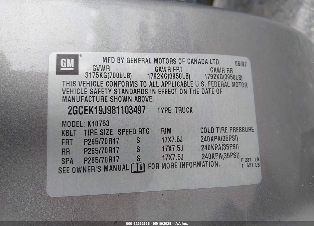 2008 CHEVROLET SILVERADO 1500 VIN: 2GCEK19J981103497