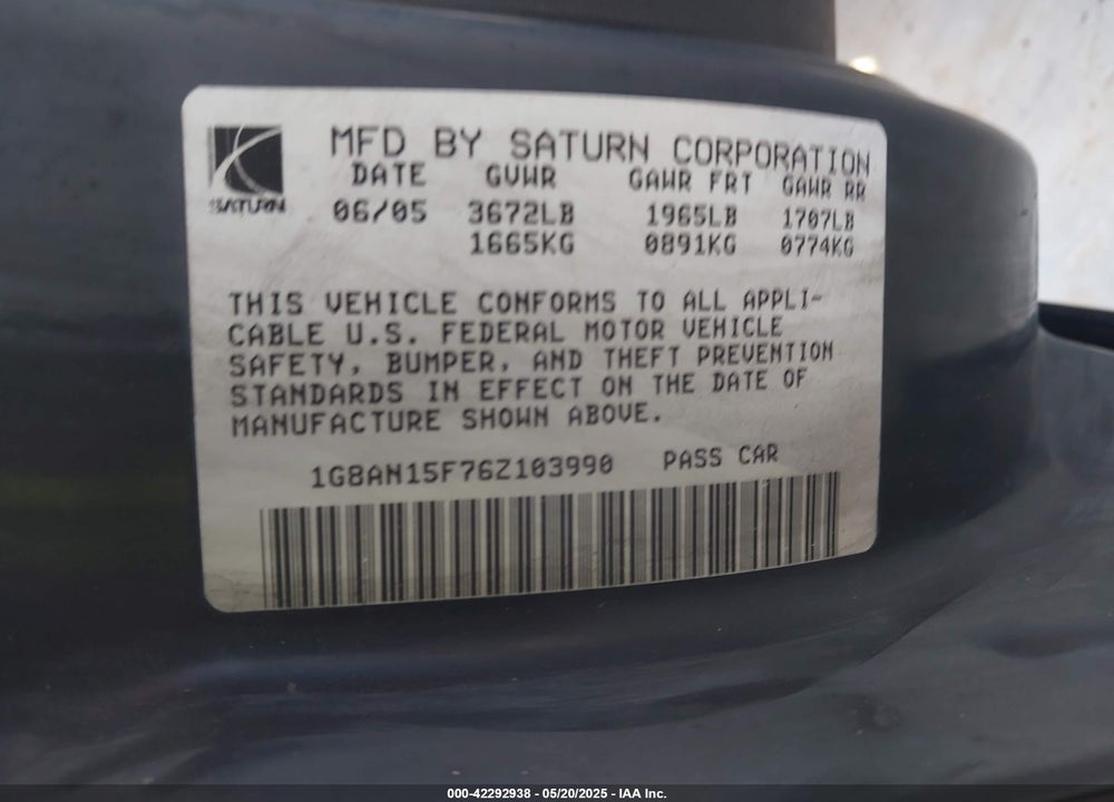 2006 SATURN ION VIN: 1G8AN15F76Z103990